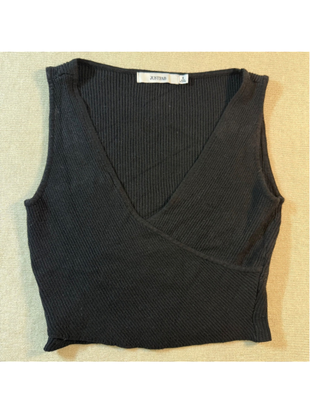 JustFab Women's Size S Black Ribbed Sleeveless Surplice Wrap Front V-Neck Top